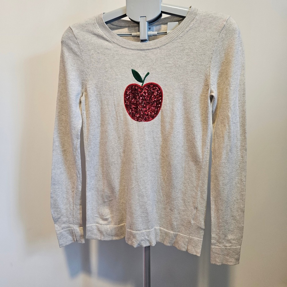 J.Crew Teddie Sweater Womens XS Gray Sequin Apple Fruit Teacher School Academia
